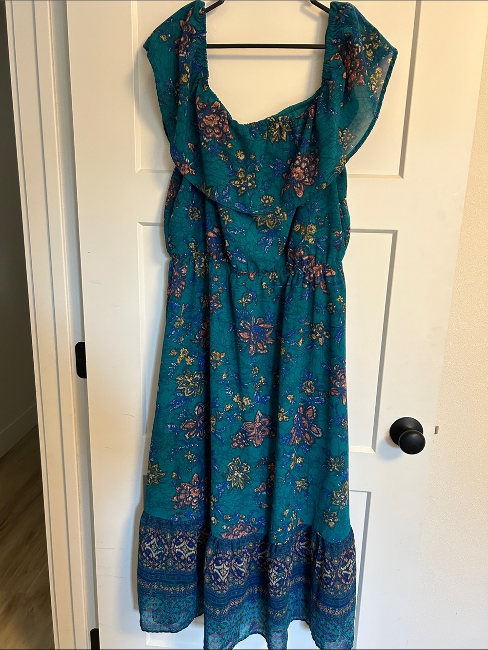 Maurices Teal Floral Maxi Dress with Ruffled Bodice